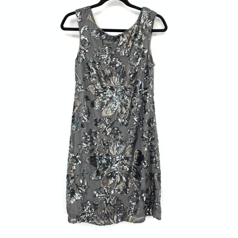 White House Black Market Mini Dress Womens Size 8 Gray Mesh Silver Sequin Floral